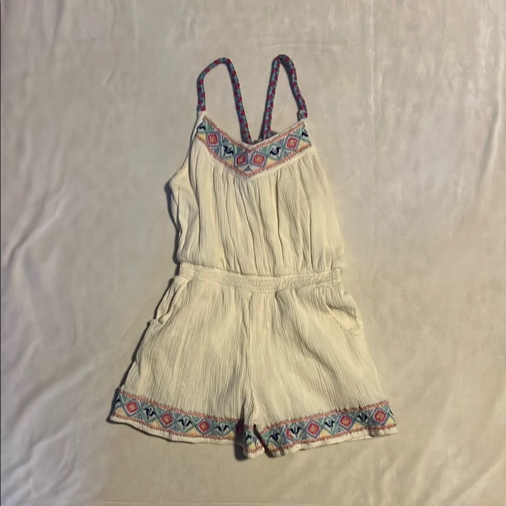 Peek Cream and Pink Romper with Floral Trim